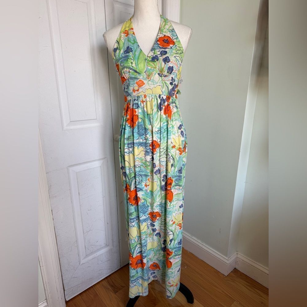 1970s Flower Power Bohemian Mod Halter Dress by Sears Fashions